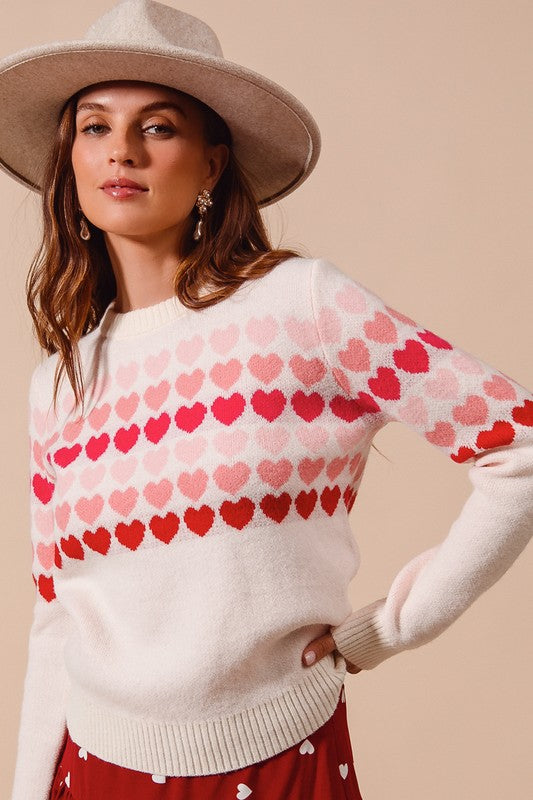 Women's Sweaters - Multi Colored Heart Strip Sweater Top - White - Cultured Cloths Apparel