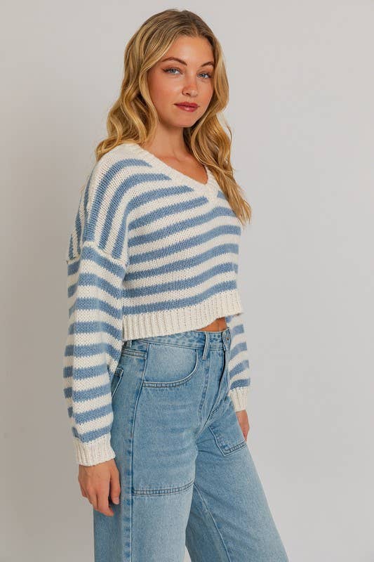 Women's Sweaters - Long Sleeve V-Neck Striped Cropped Sweater - - Cultured Cloths Apparel