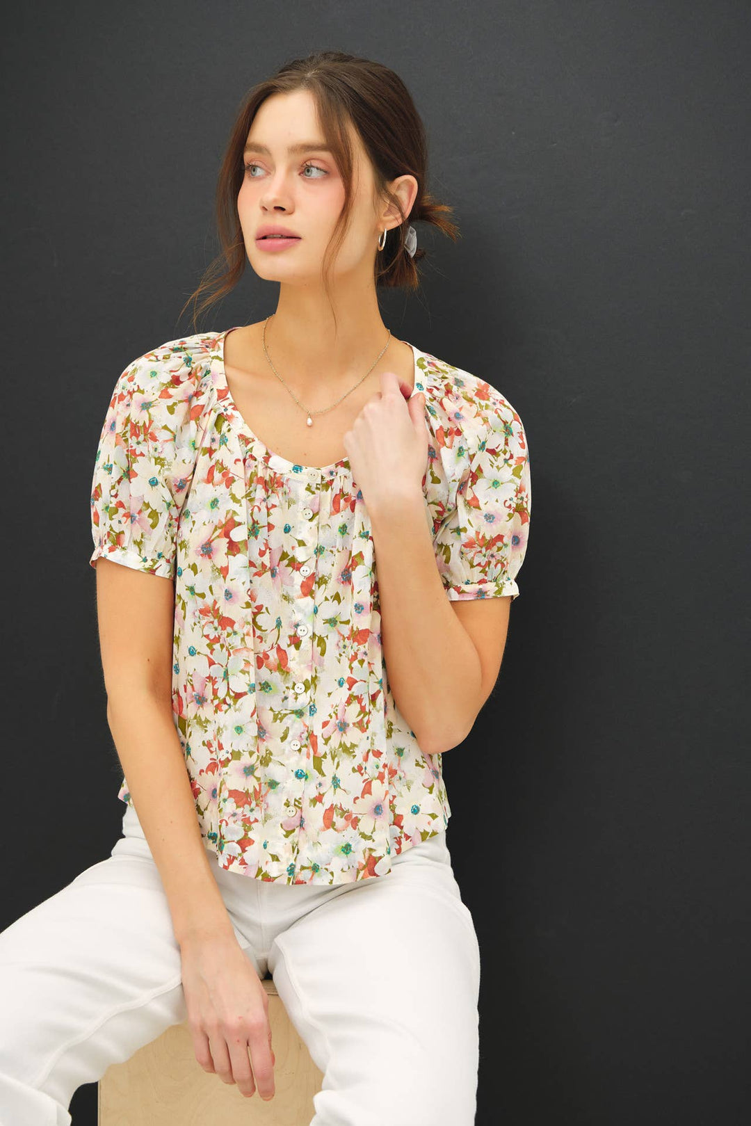 Women's Short Sleeve - FLORAL BOXY PUFF SLEEVE BUTTON UP TOP - Poppy - Cultured Cloths Apparel