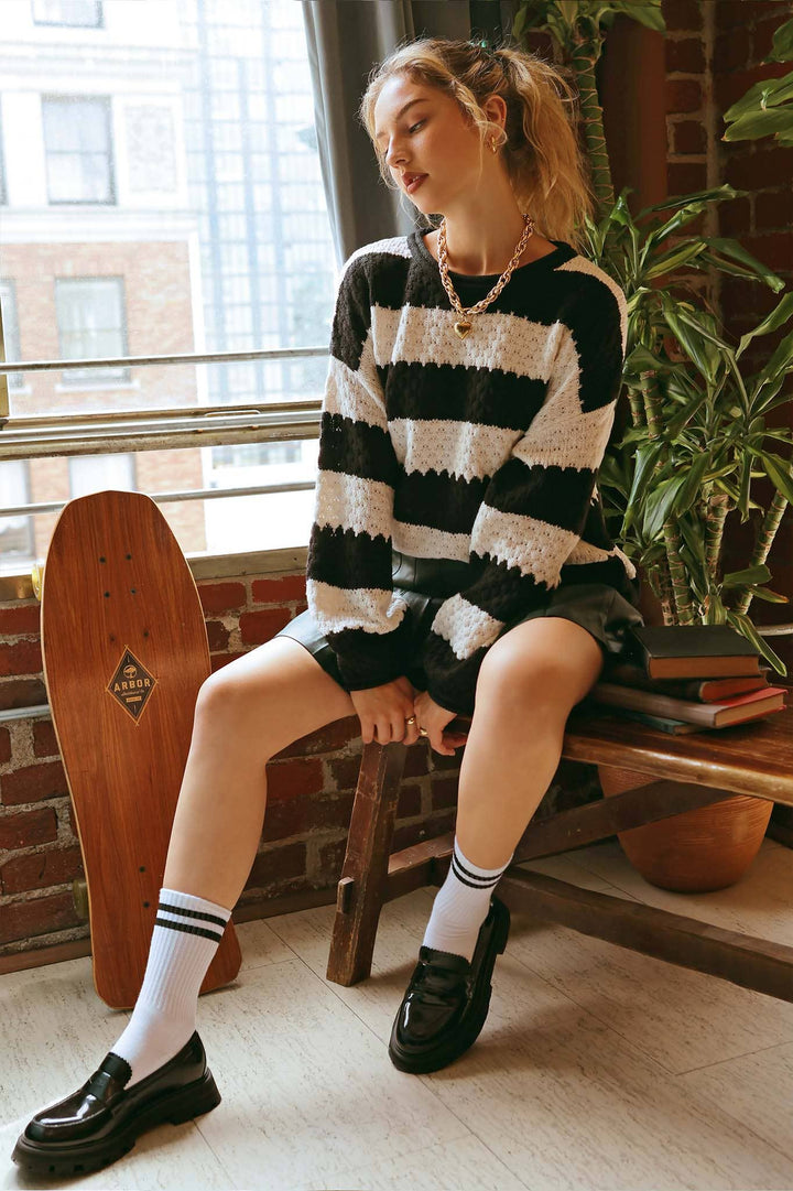 Women's Sweaters - STRIPED CREW KNIT SWEATER - - Cultured Cloths Apparel