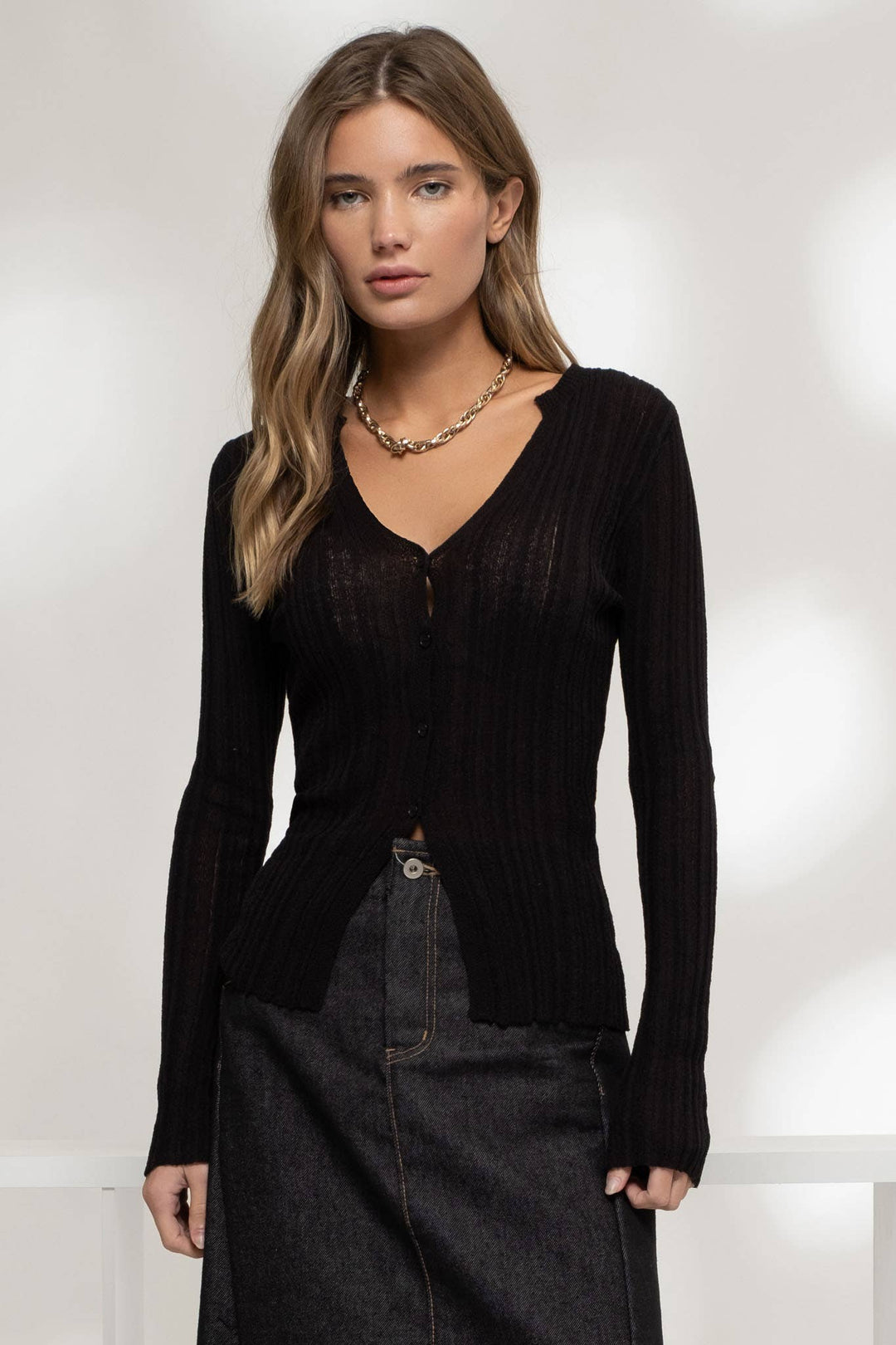 Outerwear - V NECK SPLIT HEM BUTTON DOWN KNIT CARDIGAN - BLACK - Cultured Cloths Apparel