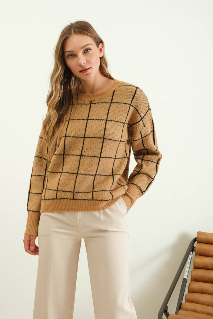 Women's Sweaters - GRID PRINT CREW NECK KNIT PULLOVER SWEATER -  - Cultured Cloths Apparel