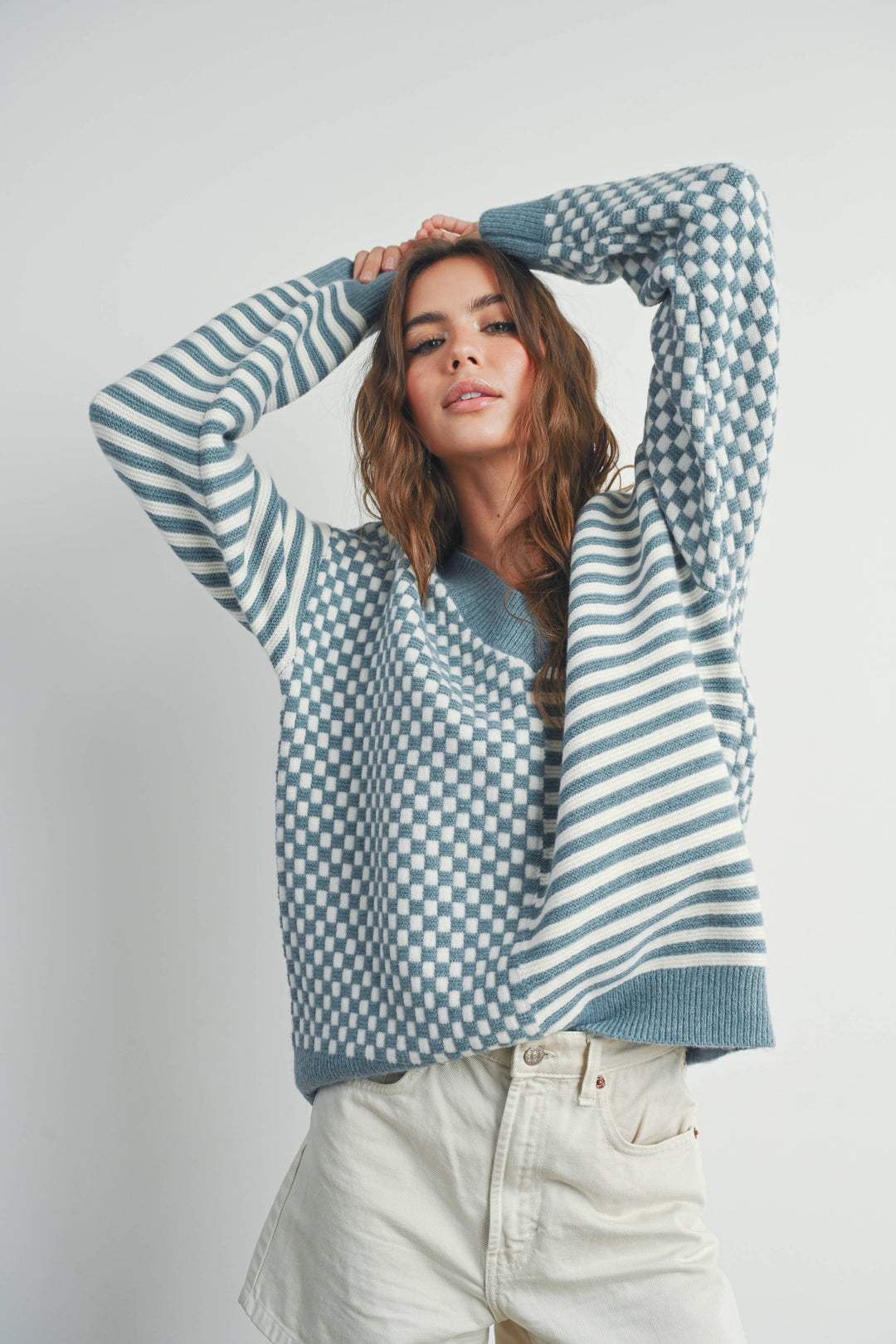 Women's Sweaters - FRENCHY CHECKER PATTERN DROP SHOULDER SWEATER - - Cultured Cloths Apparel