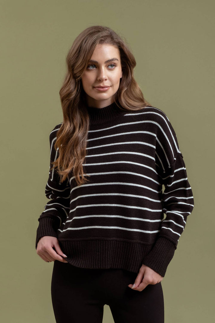 Women's Sweaters - STRIPE MOCK NECK SIDE SPLIT KNIT PULLOVER SWEATER -  - Cultured Cloths Apparel