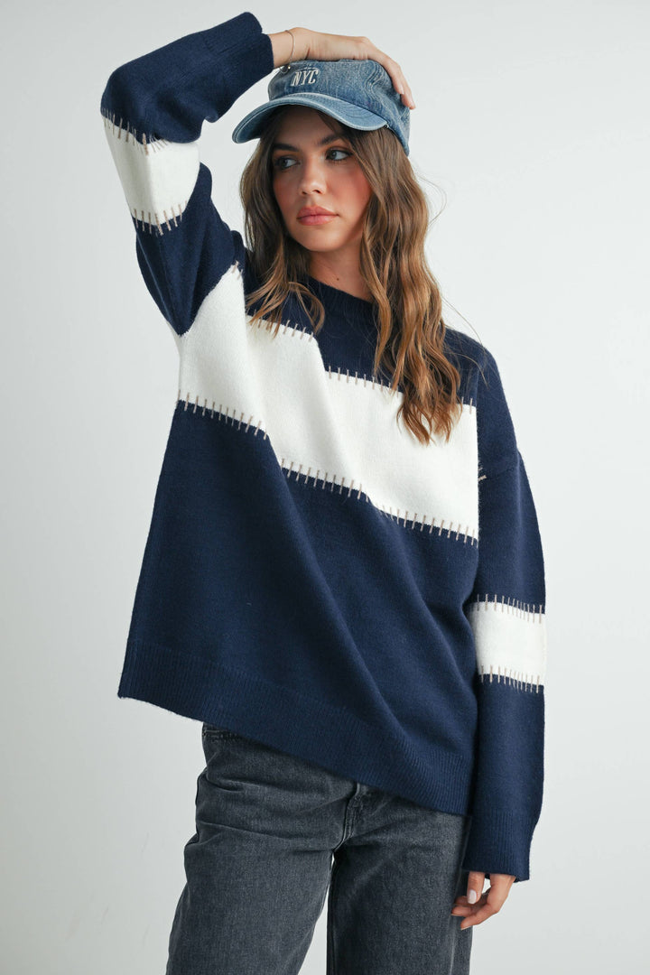 Women's Sweaters - COLOR BLOCK STRIPED CREW NECK SWEATER - - Cultured Cloths Apparel