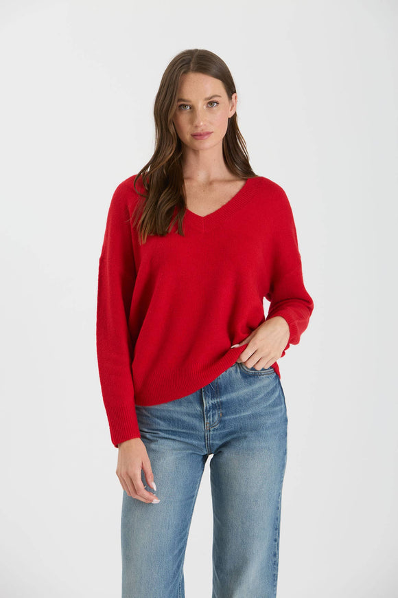 Women's Sweaters - SOLID V NECK DROP SHOULDER KNIT SWEATER - RED - Cultured Cloths Apparel