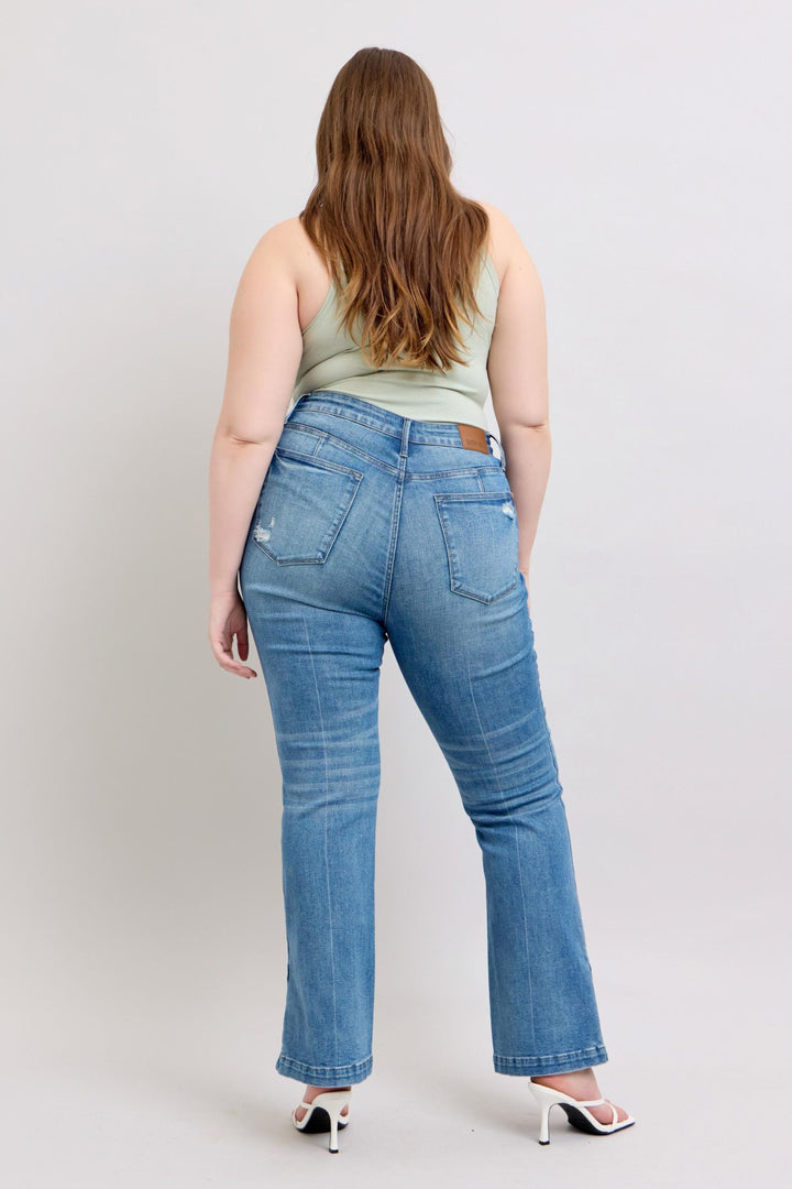 Denim - Judy Blue HW Tummy Control Vintage Wash Side Slit Slim Boot Jeans - - Cultured Cloths Apparel