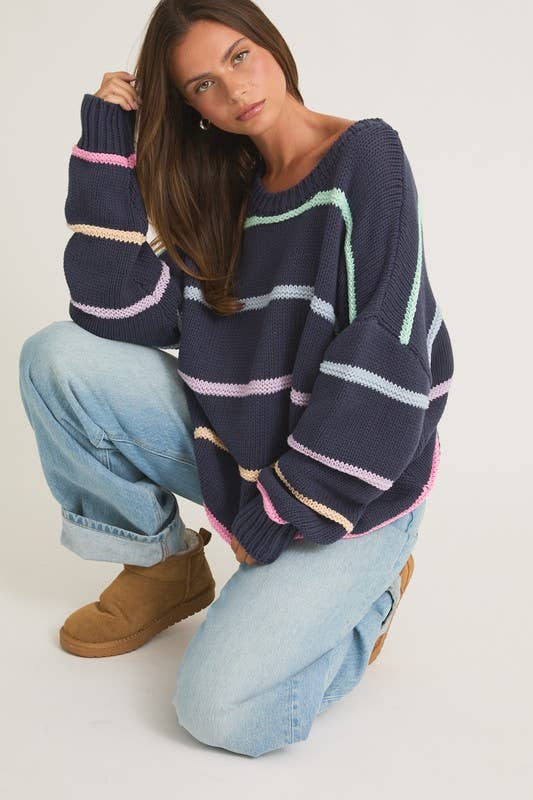 Women's Sweaters - Long Sleeve Round Neck 3d Striped Sweater - Navy-Multi Stripe - Cultured Cloths Apparel