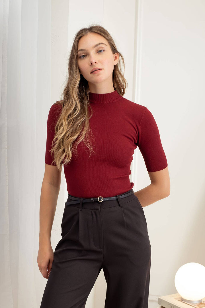 Women's Short Sleeve - SHORT SLEEVE MOCK NECK SWEATER KNIT TOP - OXBLOOD - Cultured Cloths Apparel