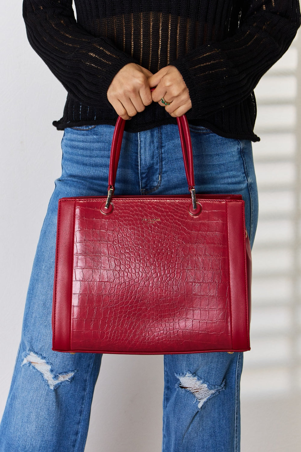 Handbags - David Jones Texture PU Leather Handbag - DARK RED - Cultured Cloths Apparel