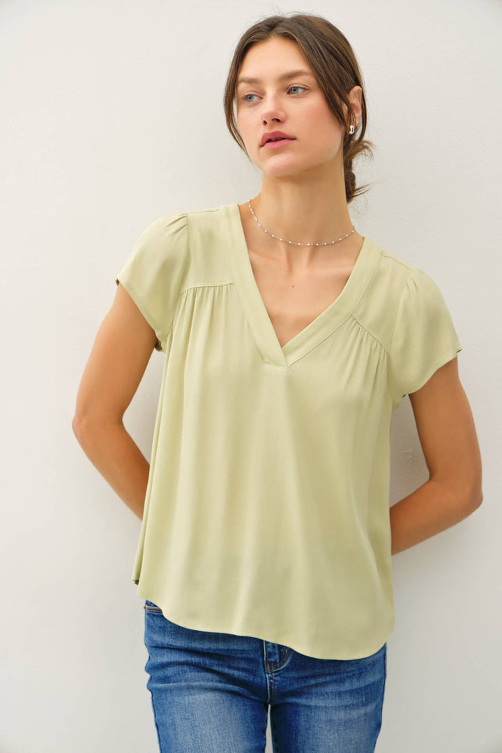 Women's Short Sleeve - FLOWY CAP SLEEVE V-NECK TOP - - Cultured Cloths Apparel