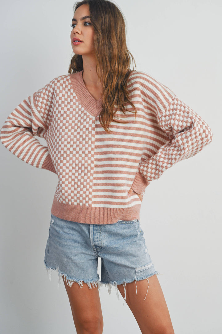 Women's Sweaters - FRENCHY CHECKER PATTERN DROP SHOULDER SWEATER - - Cultured Cloths Apparel