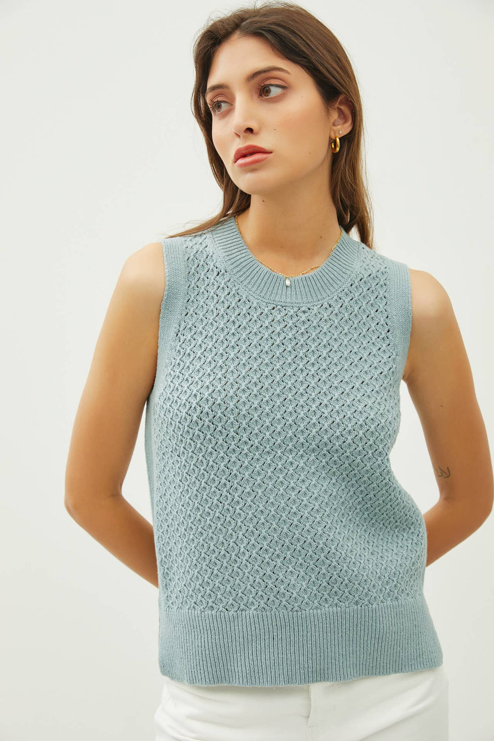 Women's Sleeveless - CROCHET SLEEVELESS KNIT SWEATER W. SIDE SLIT - Dusty Teal - Cultured Cloths Apparel