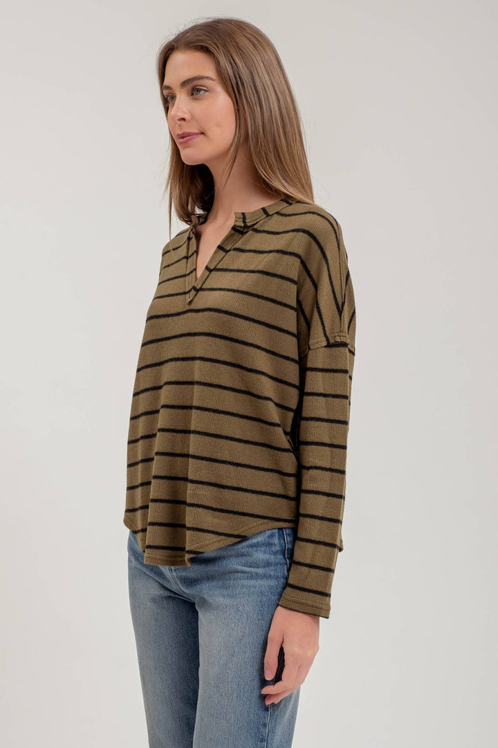 Women's Sweaters - STRIPE EXPOSED SEAM SPLIT NECK KNIT TOP: BROWN -  - Cultured Cloths Apparel