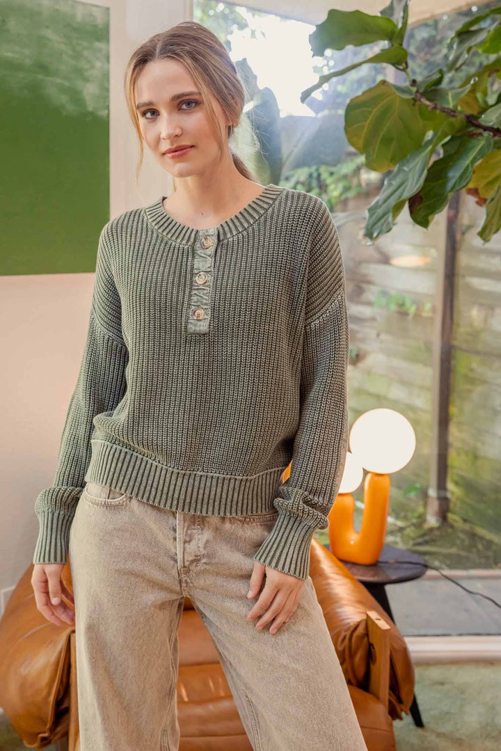 Women's Sweaters - WASHED HENLEY CHUNKY KNIT SWEATER -  - Cultured Cloths Apparel