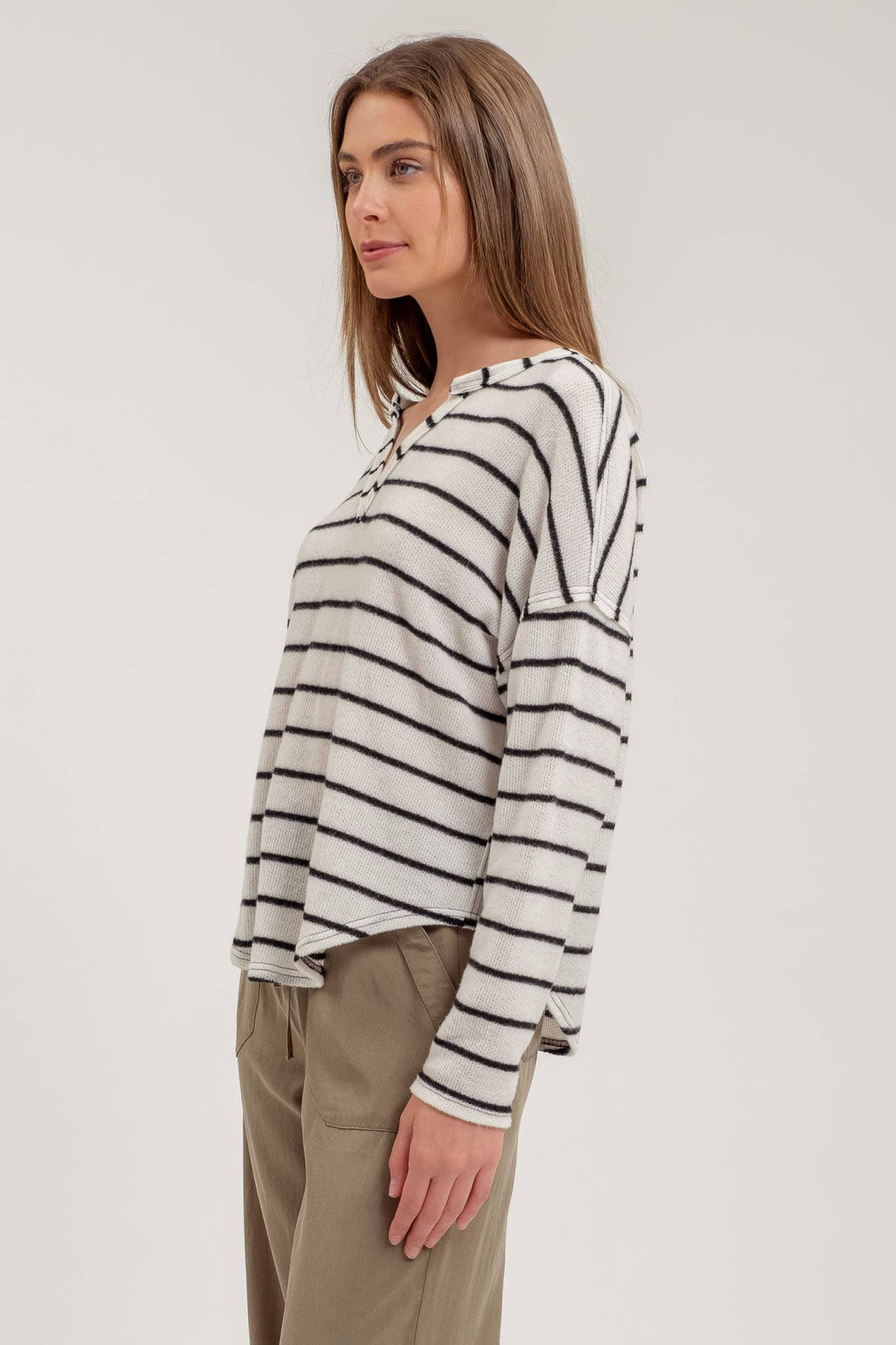 Women's Sweaters - STRIPE EXPOSED SEAM SPLIT NECK KNIT TOP: BROWN -  - Cultured Cloths Apparel