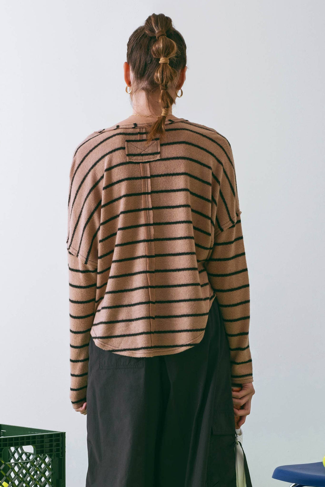 Women's Sweaters - STRIPE EXPOSED SEAM SPLIT NECK KNIT TOP: BROWN -  - Cultured Cloths Apparel