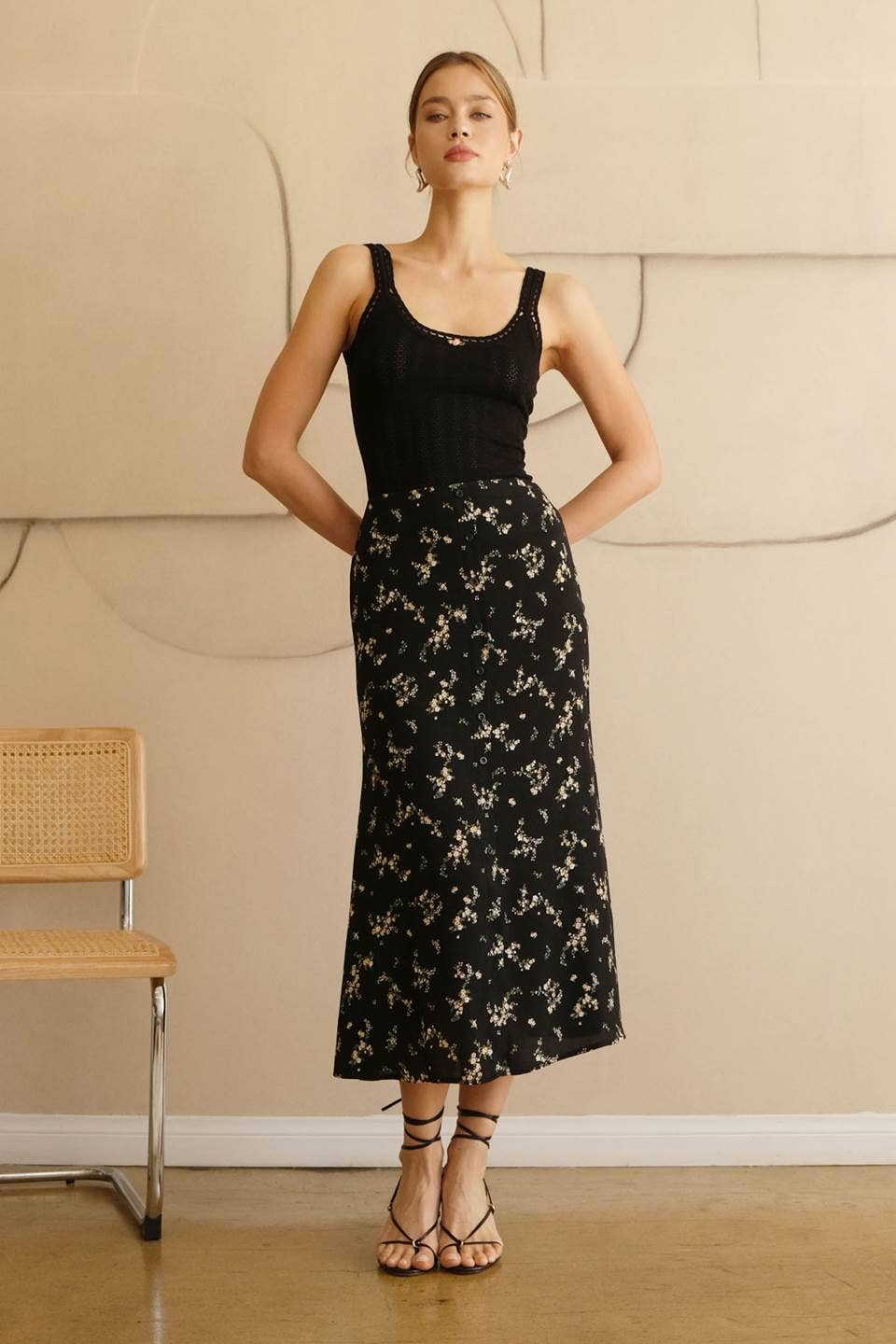 Women's Skirts - FLORAL BUTTON DOWN MIDI SKIRT - BLACK - Cultured Cloths Apparel