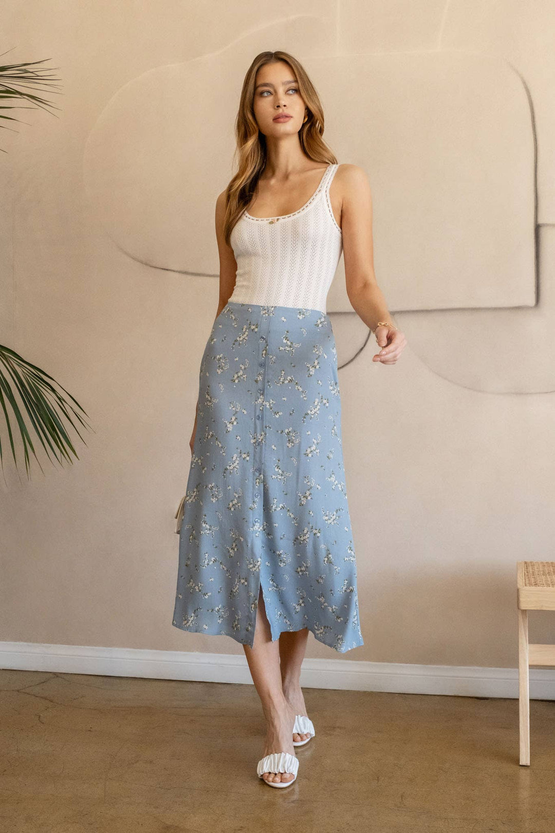 Women's Skirts - FLORAL BUTTON DOWN MIDI SKIRT - DUSTY BLUE - Cultured Cloths Apparel