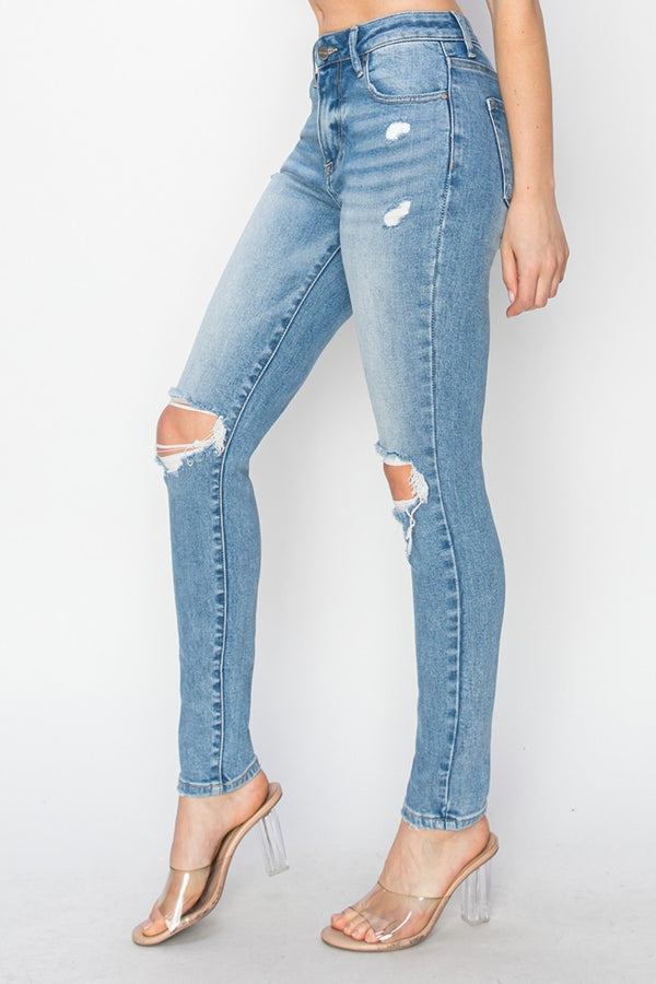 Denim - Risen Full Size High Rise Knee Distressed Skinny Jeans -  - Cultured Cloths Apparel