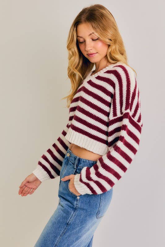 Women's Sweaters - Long Sleeve V-Neck Striped Cropped Sweater - - Cultured Cloths Apparel