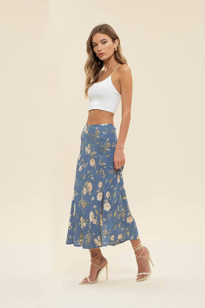 Women's Skirts - FLORAL HIGH WAIST SIDE SLIT BIAS MIDI SKIRT -  - Cultured Cloths Apparel