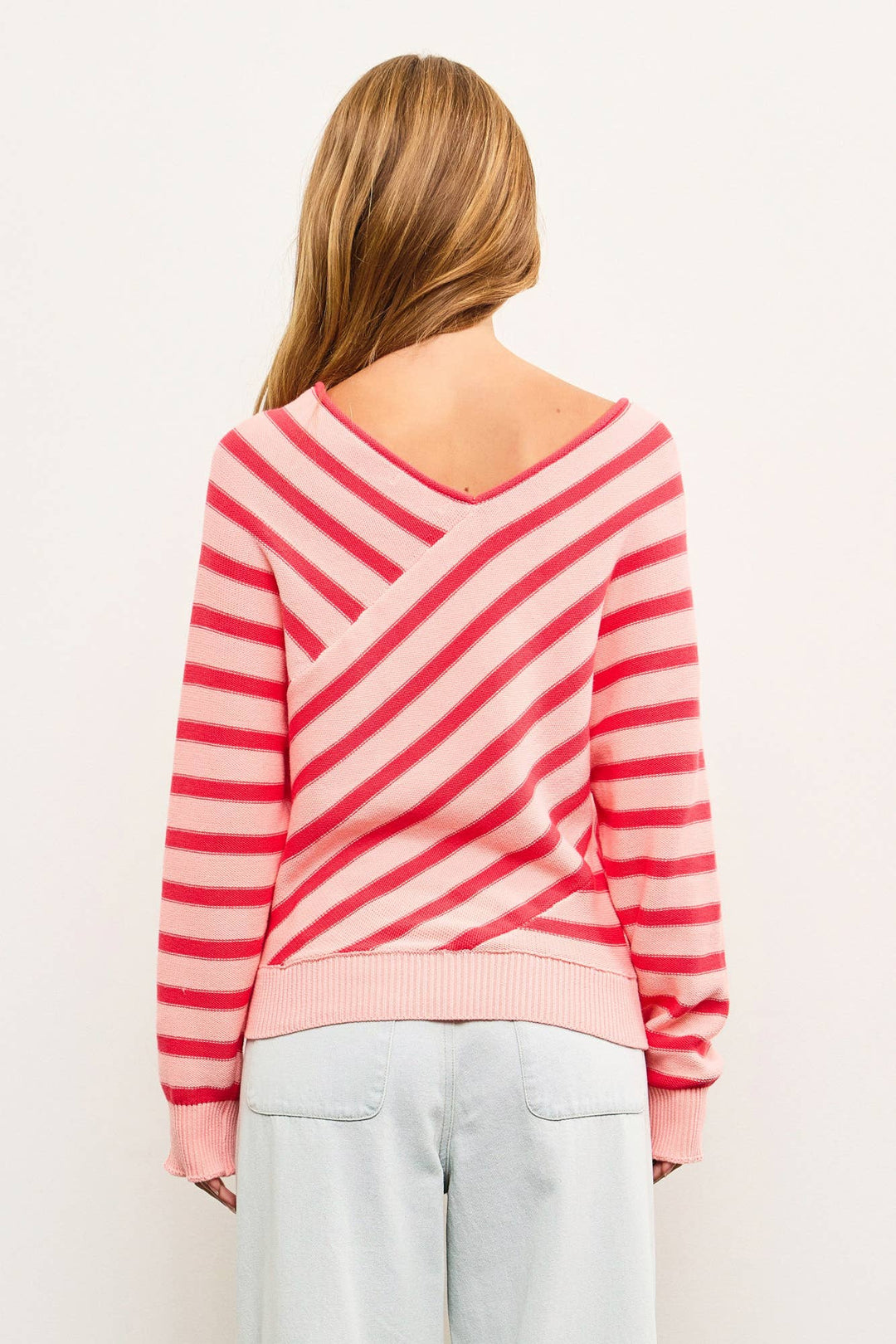 Women's Sweaters - CROSS STRIPE V NECK SWEATER TOP - - Cultured Cloths Apparel