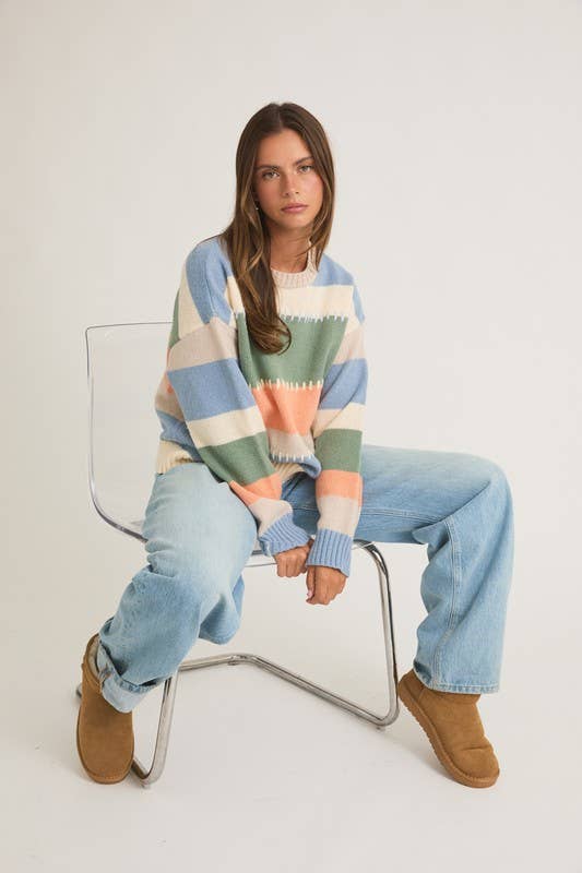 Women's Sweaters - Stitch Detail Boxy Sweater Top - Cream-multi Stripe - Cultured Cloths Apparel