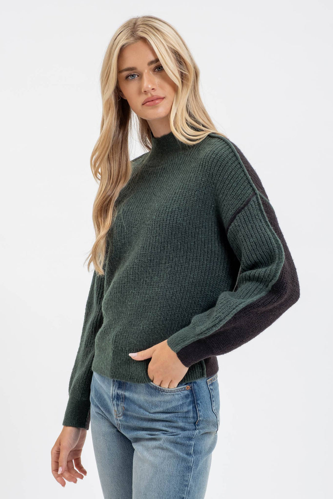 Women's Sweaters - COLORBLOCK MOCK NECK EXPOSED SEAM KNIT SWEATER -  - Cultured Cloths Apparel