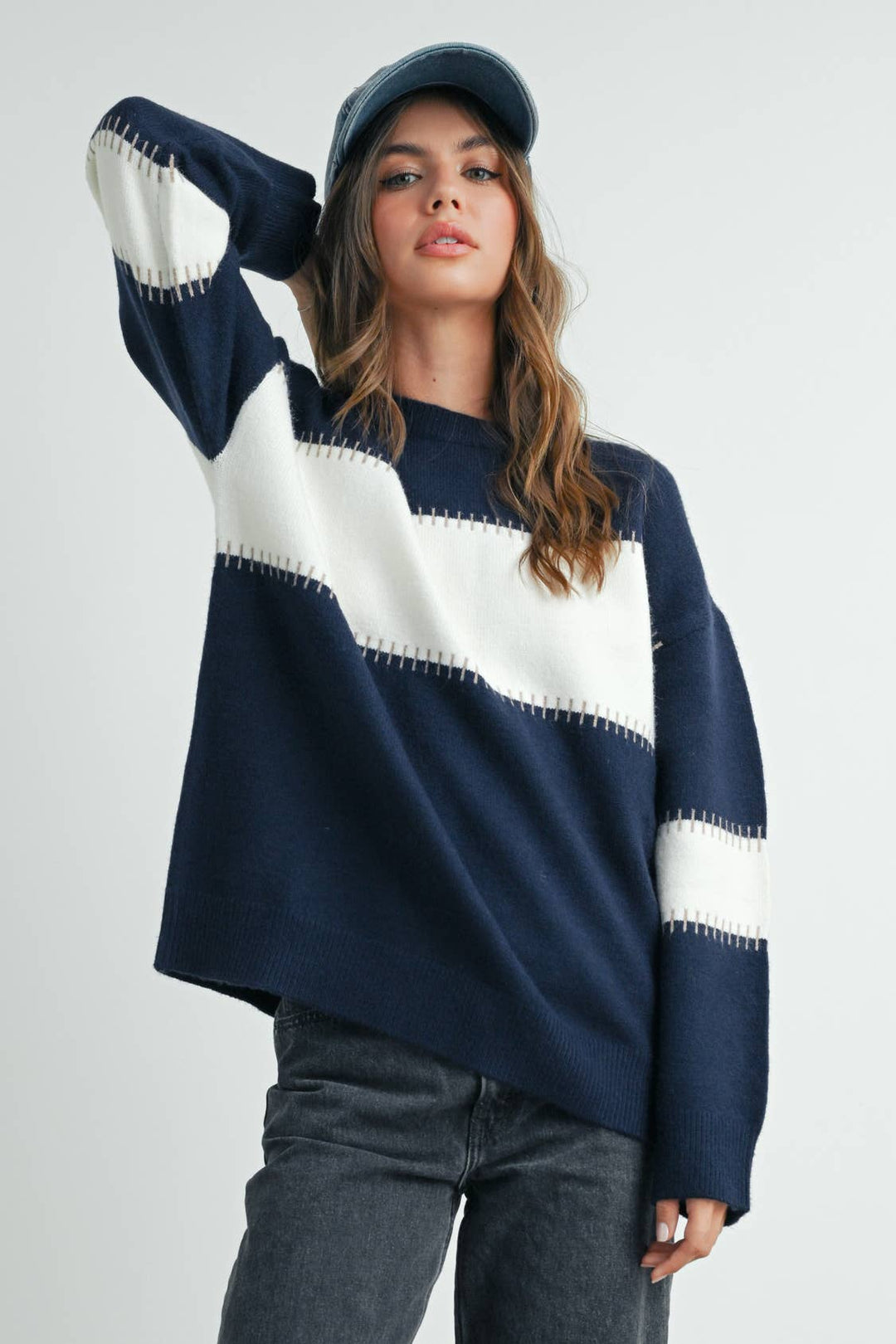 Women's Sweaters - COLOR BLOCK STRIPED CREW NECK SWEATER - - Cultured Cloths Apparel