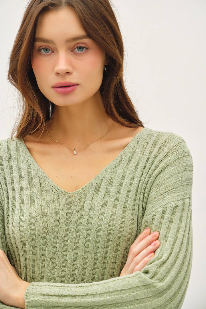 Women's Sweaters - RAISED RIB V-NECK SWEATER - - Cultured Cloths Apparel