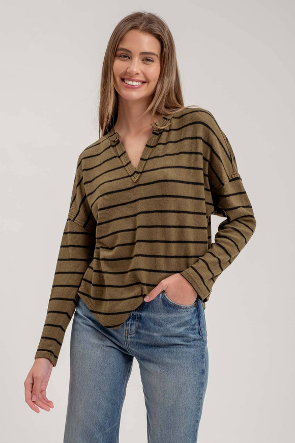 Women's Sweaters - STRIPE EXPOSED SEAM SPLIT NECK KNIT TOP - OLIVE - Cultured Cloths Apparel