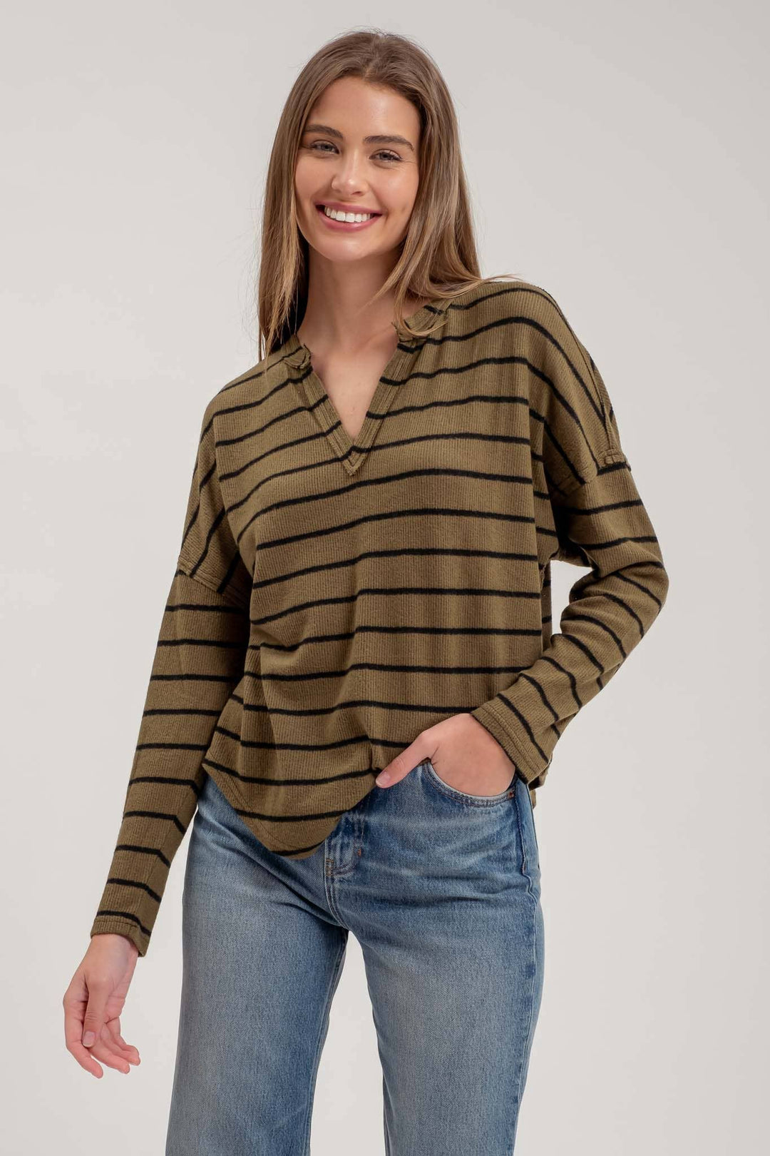 Women's Sweaters - STRIPE EXPOSED SEAM SPLIT NECK KNIT TOP: BROWN -  - Cultured Cloths Apparel