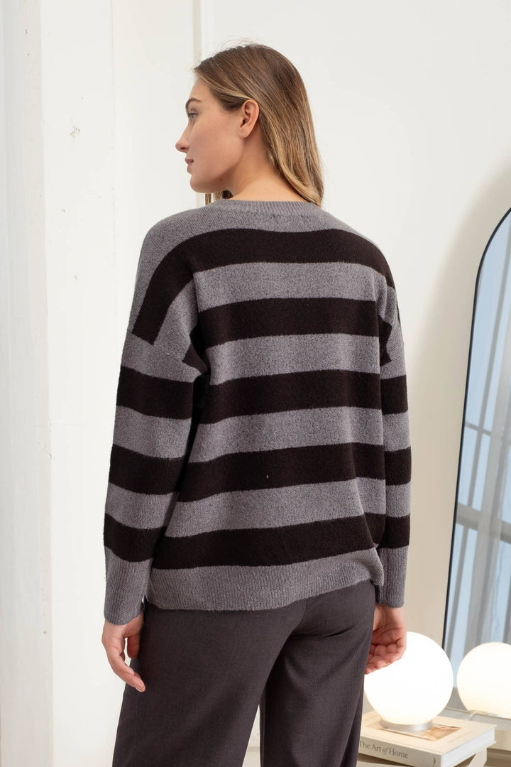 Women's Sweaters - STRIPE CREW LONG SLEEVE KNIT SWEATER -  - Cultured Cloths Apparel