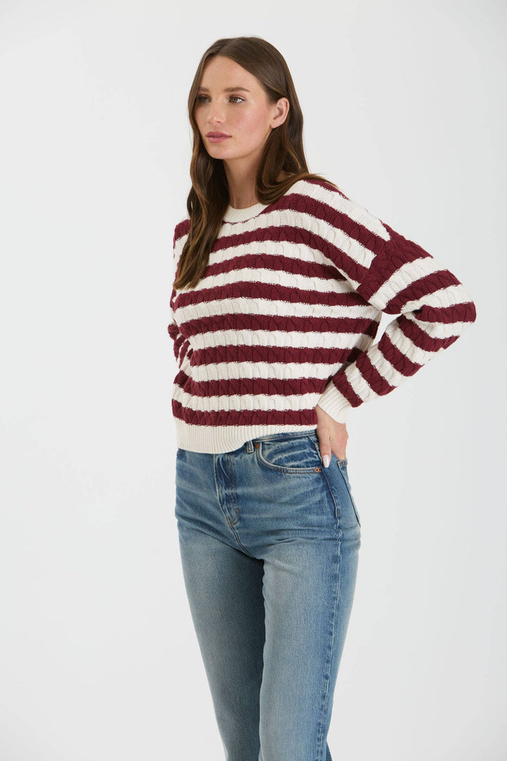 Women's Sweaters - STRIPE CREWNECK CABLE KNIT KNIT SWEATER - OXBLOOD - Cultured Cloths Apparel