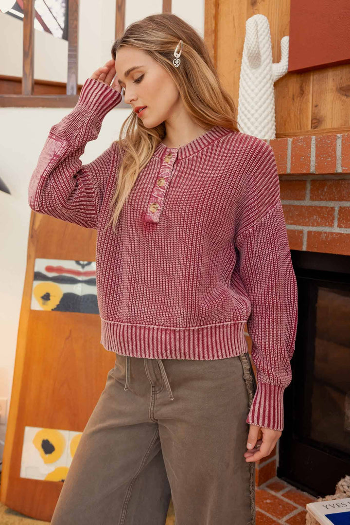 Women's Sweaters - WASHED HENLEY CHUNKY KNIT SWEATER -  - Cultured Cloths Apparel