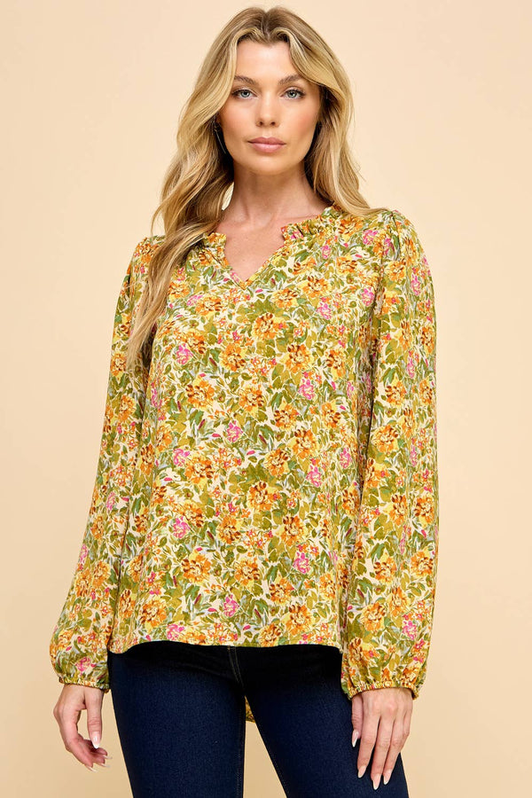 Women's Long Sleeve - Floral Printed Top with V Neck Detail -  - Cultured Cloths Apparel