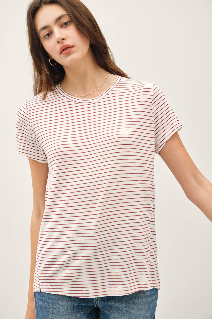 Women's Short Sleeve - SHORT SLEEVE ROUND NECK STRIPED RELAXED TEE - - Cultured Cloths Apparel