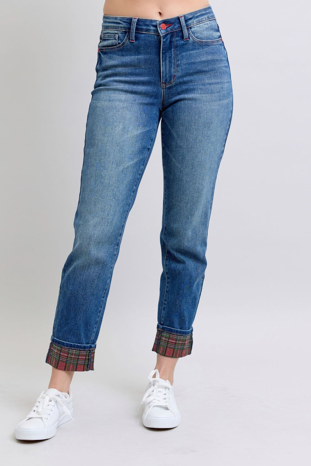 Denim - Judy Blue Full Size Plaid Print Cuff Straight Leg Jeans with Pockets - - Cultured Cloths Apparel