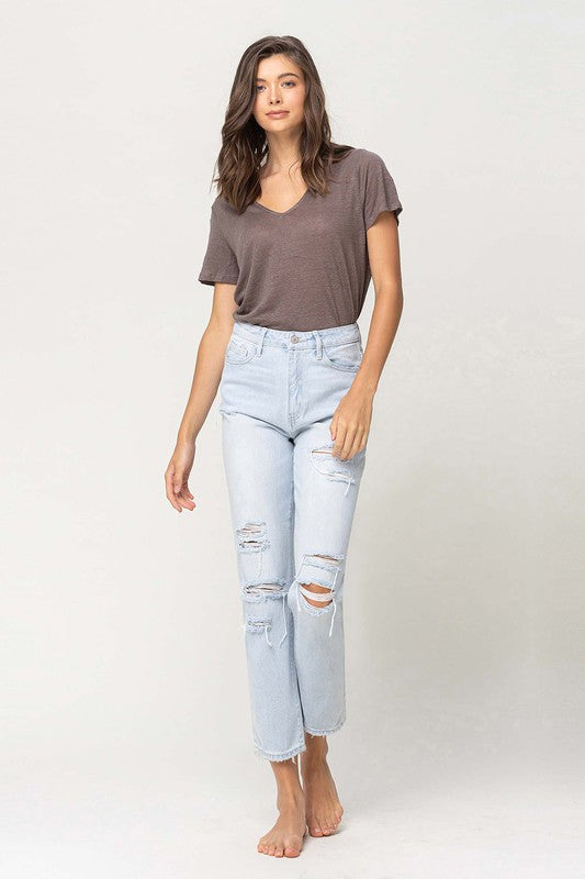 Denim - Super High Rise Distressed Crop Straight Jeans -  - Cultured Cloths Apparel