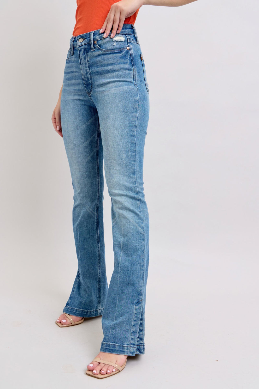 Denim - Judy Blue HW Tummy Control Vintage Wash Side Slit Slim Boot Jeans - - Cultured Cloths Apparel