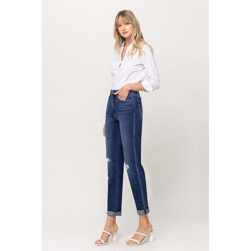 Denim - DISTRESSED DOUBLE CUFFED STRETCH MOM JEAN -  - Cultured Cloths Apparel