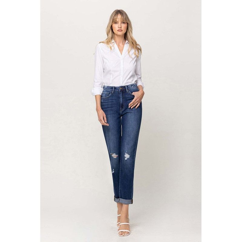 Denim - DISTRESSED DOUBLE CUFFED STRETCH MOM JEAN -  - Cultured Cloths Apparel