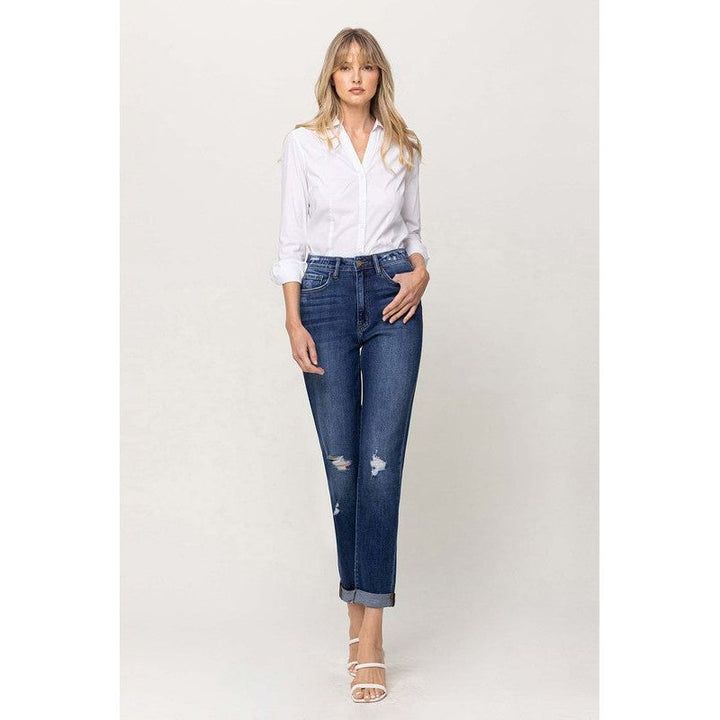 Denim - DISTRESSED DOUBLE CUFFED STRETCH MOM JEAN -  - Cultured Cloths Apparel