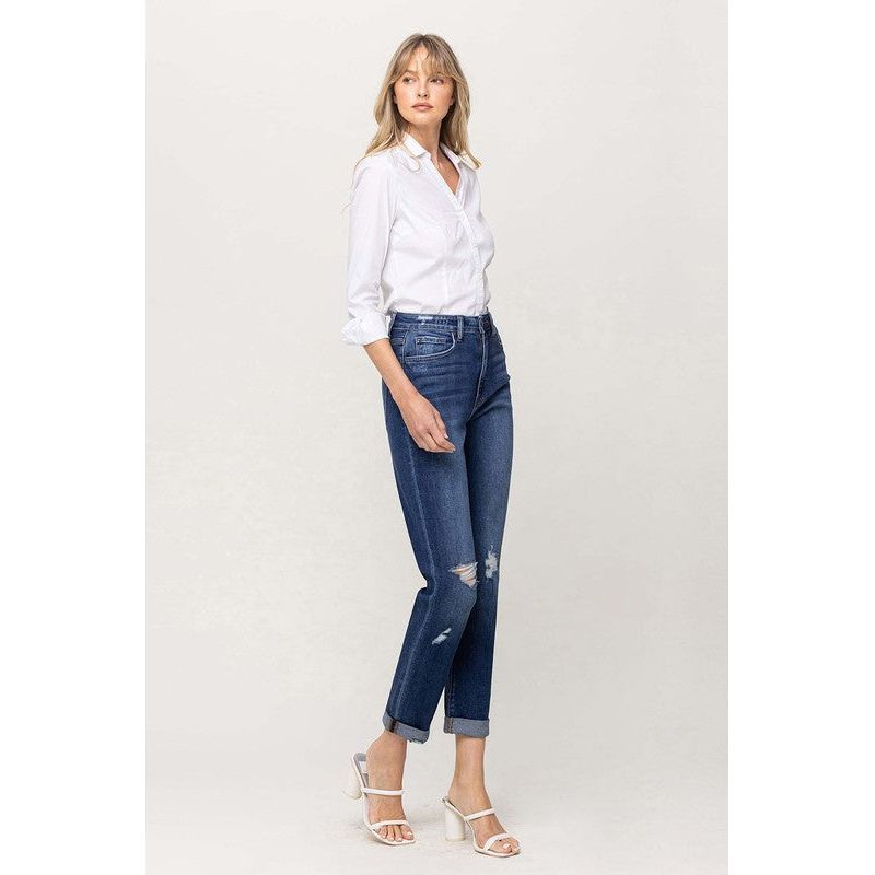 Denim - DISTRESSED DOUBLE CUFFED STRETCH MOM JEAN -  - Cultured Cloths Apparel