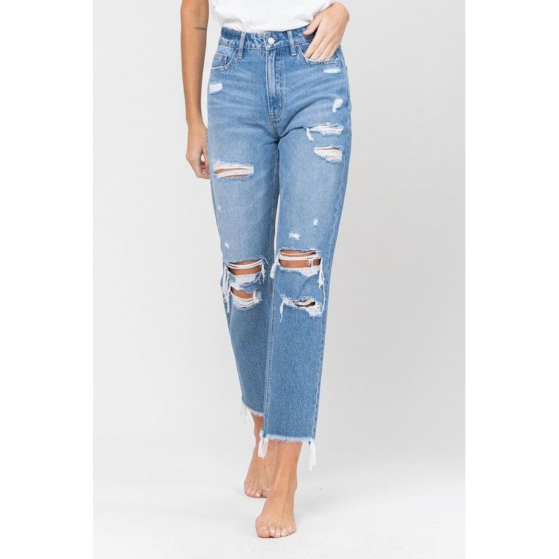 Denim - DISTRESSED RAW HEM MOM JEANS - BILLIE - Cultured Cloths Apparel