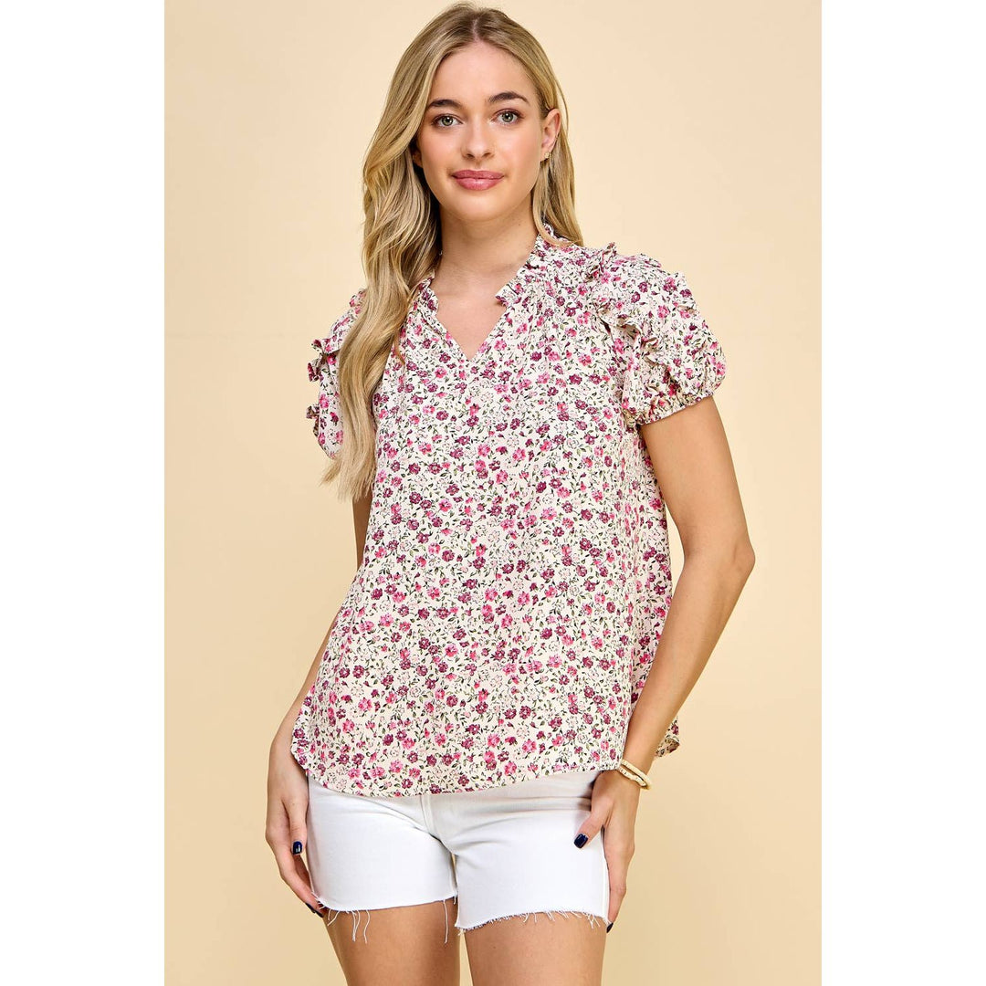 Women's Short Sleeve - Floral Printed Ruffled Sleeves Top -  - Cultured Cloths Apparel