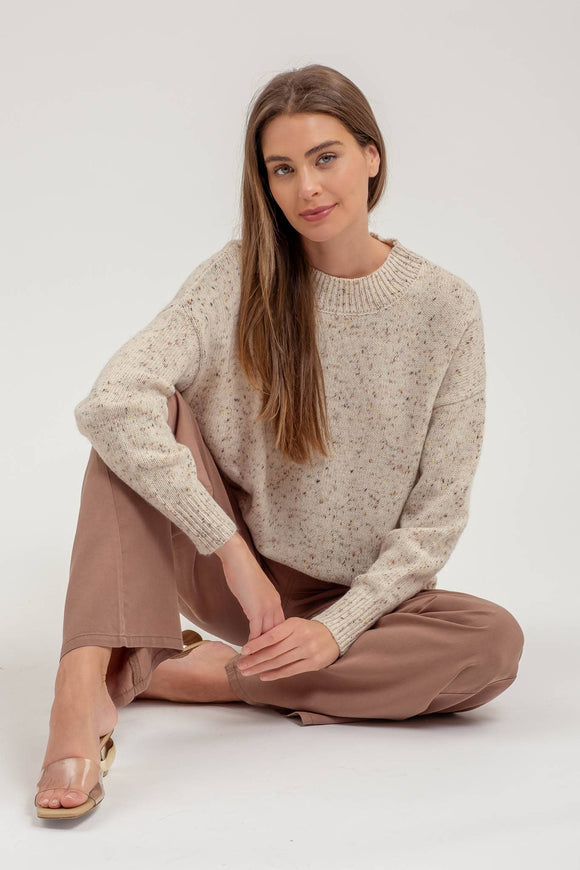 Women's Sweaters - SPECKLE KNIT MOCK NECK LONG SLEEVE SWEATER - OATMEAL - Cultured Cloths Apparel