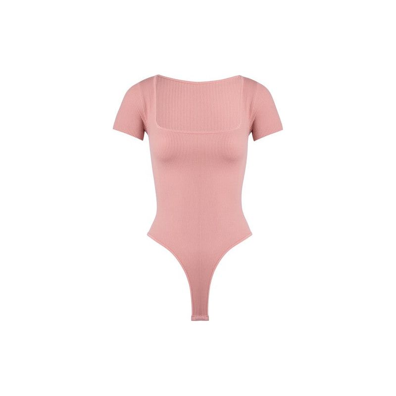 Athleisure - Ribbed Square Neck Tee Bodysuit - Mauve Pink - Cultured Cloths Apparel