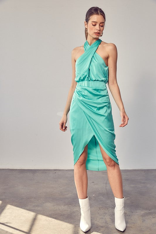 Women's Dresses - Wrap Cross Neck Dress - BISCAY GREEN - Cultured Cloths Apparel